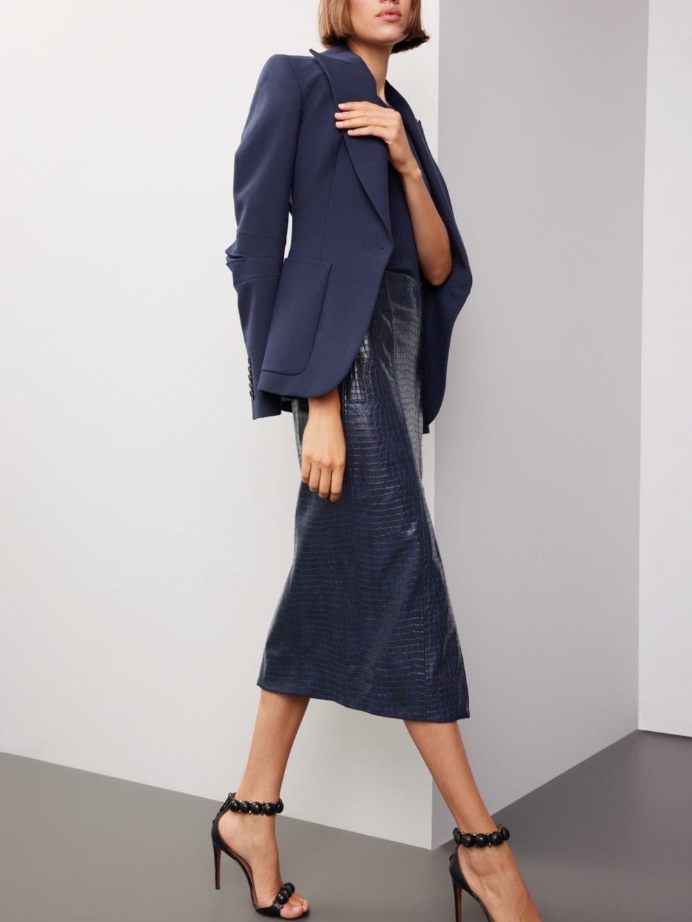 Tanya Taylor Navy Croc-Embossed Midi Skirt Sz 2 EUC